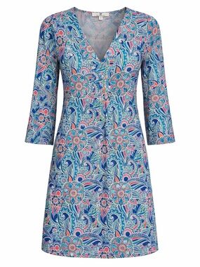 Jean-Pierre Klifa Paris Paisley Floral V-Neck 3/4 Sleeve Shift Dress Size Medium